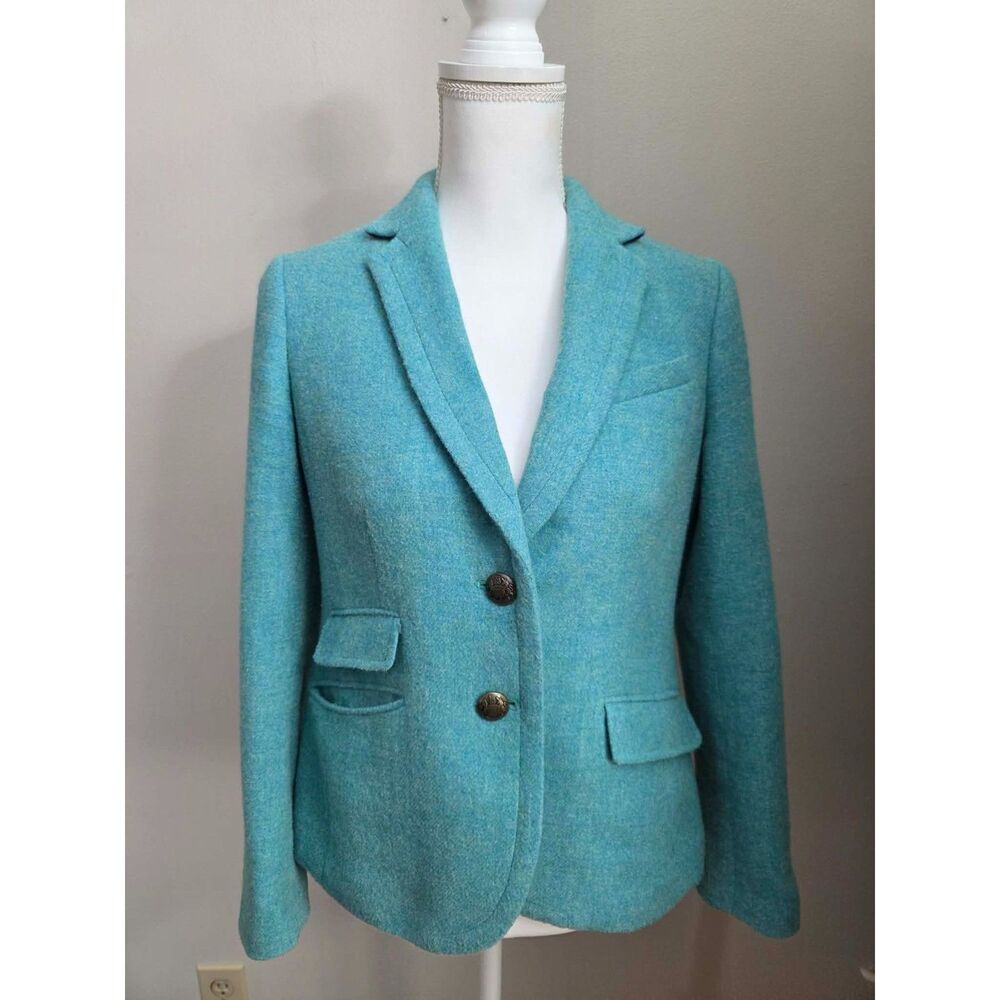 Talbots Petites Turquoise Aqua Heathered Blazer Crest Buttons Fully Lined
